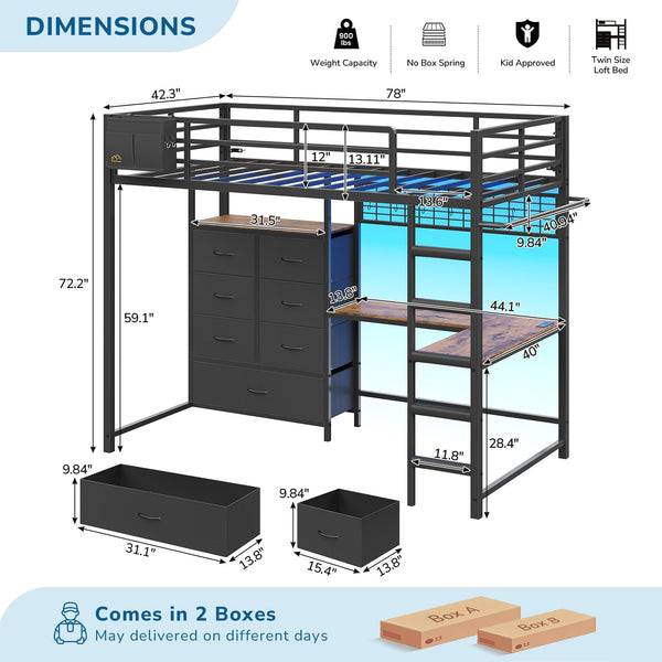 Twin Loft Bed with L-Shaped Desk & Storage Drawers