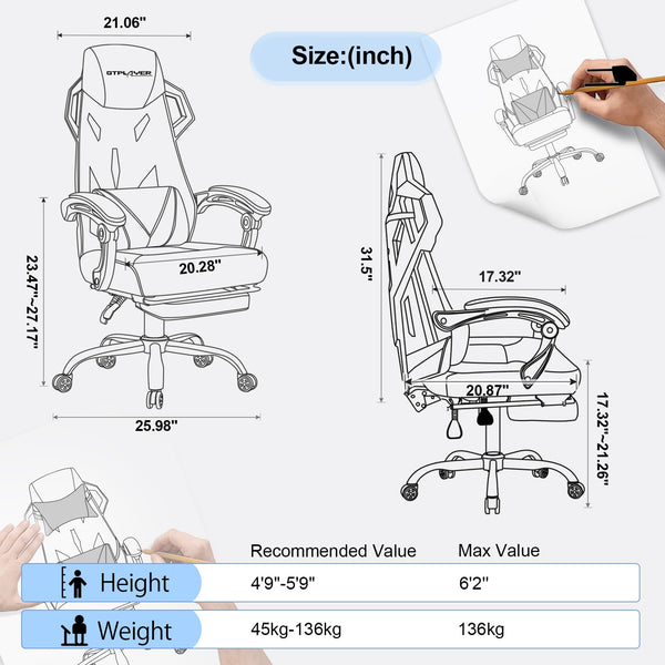 Gaming Chair with Mesh Back, Footrest & Lumbar Support