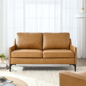 Mid-Century Modern Top-Grain Leather Loveseat – Tan