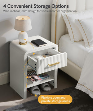 Fluted Nightstand with Drawer and Open Shelf – White & Gold