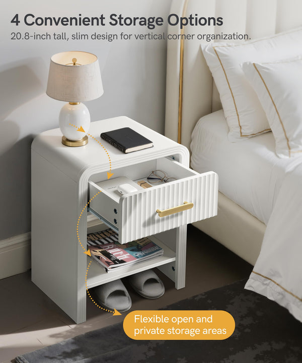 Fluted Nightstand with Drawer and Open Shelf – White & Gold