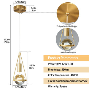 Gold Crystal Globe Pendant Light – 1-Light Dimmable LED Ceiling Fixture