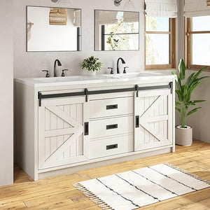 60" Farmhouse Bathroom Double Vanity with Integrated Sink & Sliding Barn Door