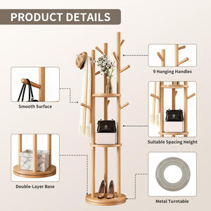 Solid Wood Rotary Coat Rack with Shelves & Hooks