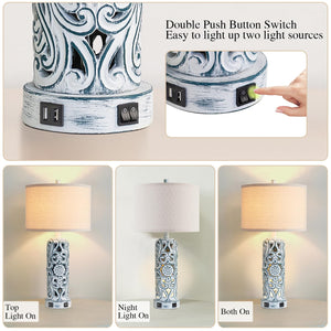 Coastal Vintage Table Lamp Set of 2 with USB Ports & Nightlight