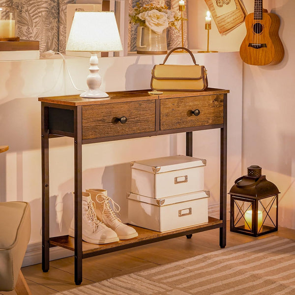 Narrow Console Table with 2 Fabric Drawers & 2-Tier Storage Shelves