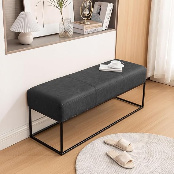 47" Faux Leather Entryway Bench with Metal Frame