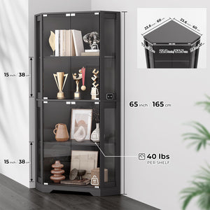 Corner Display Cabinet with LED Lights, 4-Tier Glass Curio Cabinet with Human Sensor, 65"H