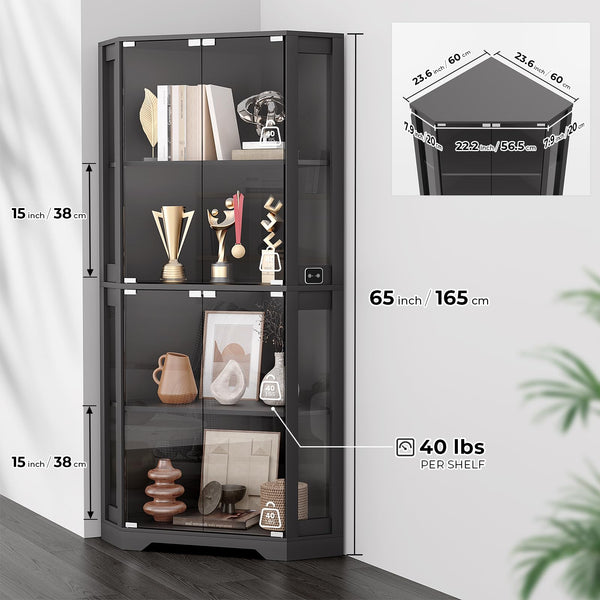 Corner Display Cabinet with LED Lights, 4-Tier Glass Curio Cabinet with Human Sensor, 65"H