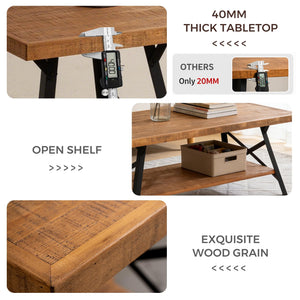 Rustic Brown 2-Tier Pine Wood Coffee Table with Metal X-Legs