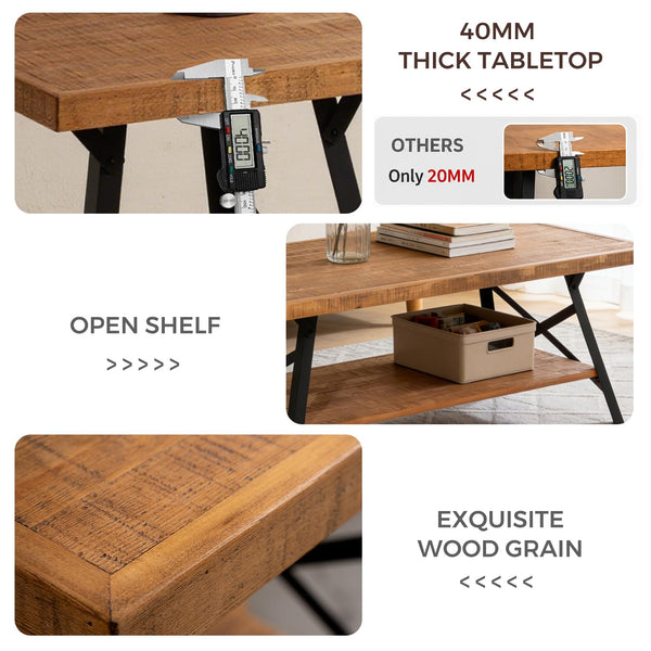 Rustic Brown 2-Tier Pine Wood Coffee Table with Metal X-Legs