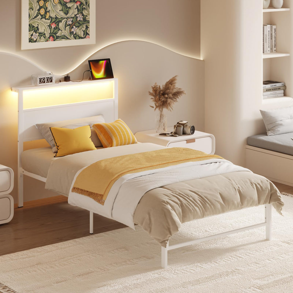 Twin Bed Frame with Headboard Shelf, RGB LED Light & Charging Station