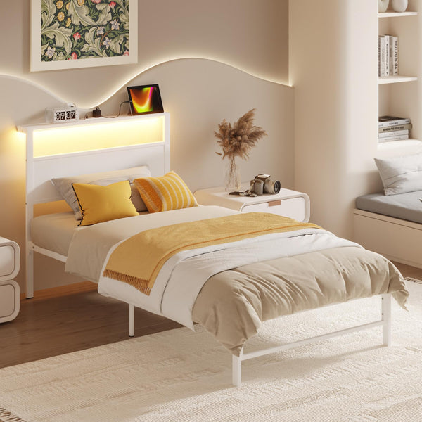 Twin Bed Frame with Headboard Shelf, RGB LED Light & Charging Station