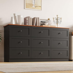 9 Drawer Dresser 59" Wide – Chest of Drawers with Metal Handles