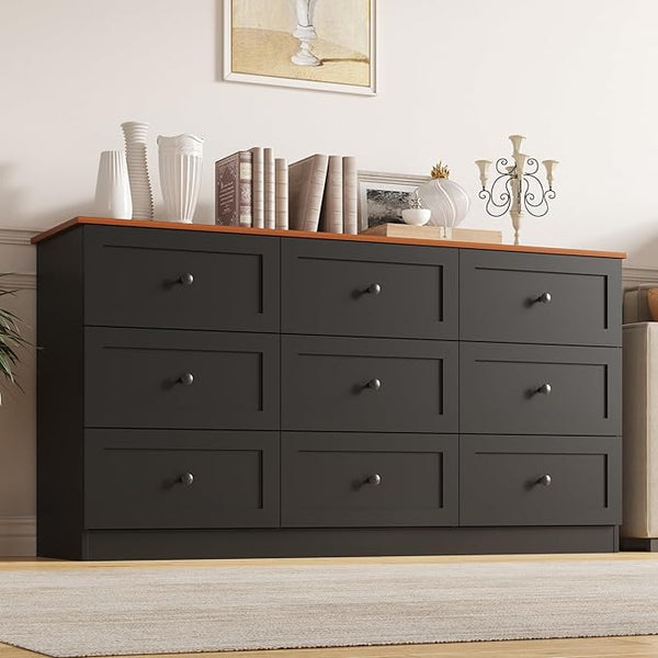 9 Drawer Dresser 59" Wide – Chest of Drawers with Metal Handles