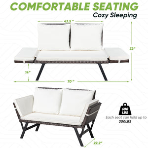 Outdoor Rattan Convertible Sofa Daybed with Adjustable Armrests