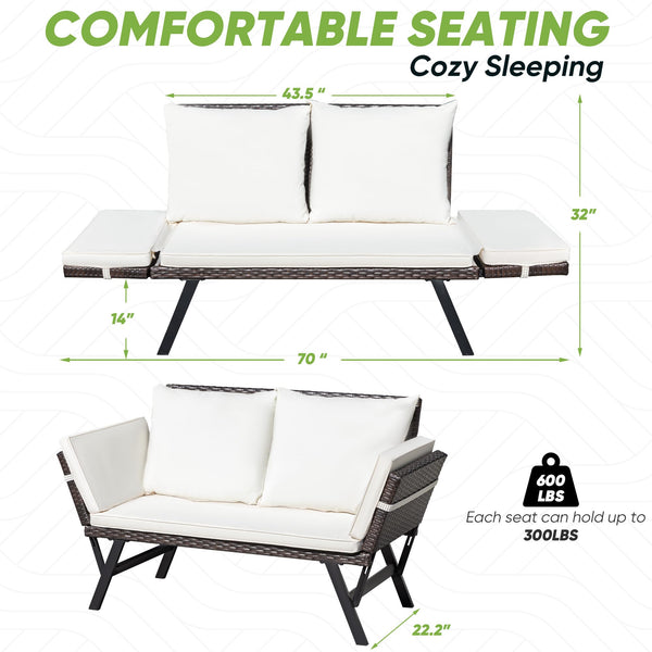 Outdoor Rattan Convertible Sofa Daybed with Adjustable Armrests