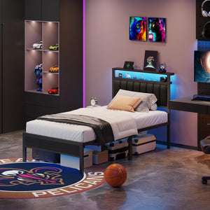 LED Bed Frame with Charging Station & Storage Headboard