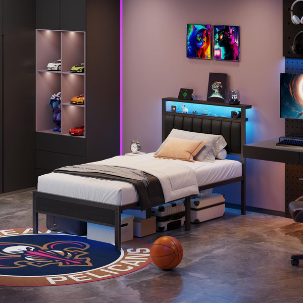 LED Bed Frame with Charging Station & Storage Headboard