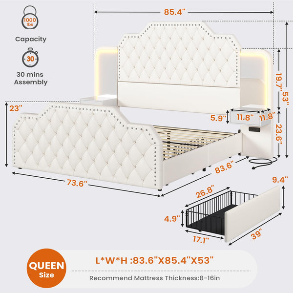 Queen Bed Frame with Storage Drawers, LED & Nightstands