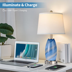 Blue Glass Table Lamps Set of 2 with USB Charging & 3-Way Lighting
