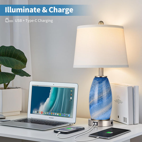 Blue Glass Table Lamps Set of 2 with USB Charging & 3-Way Lighting