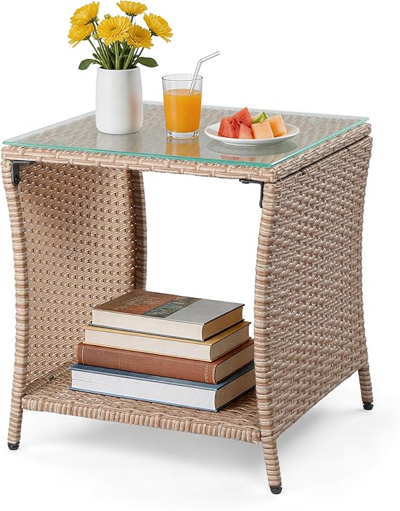 Outdoor Wicker Side Table with Glass Top