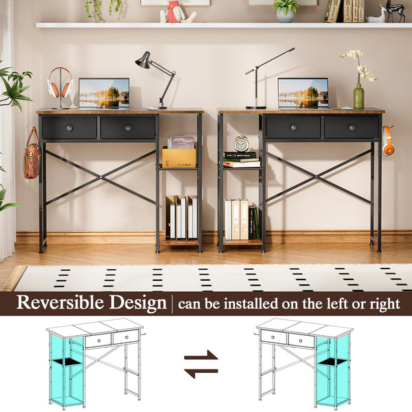 Small Computer Desk with Drawers & Storage Shelves