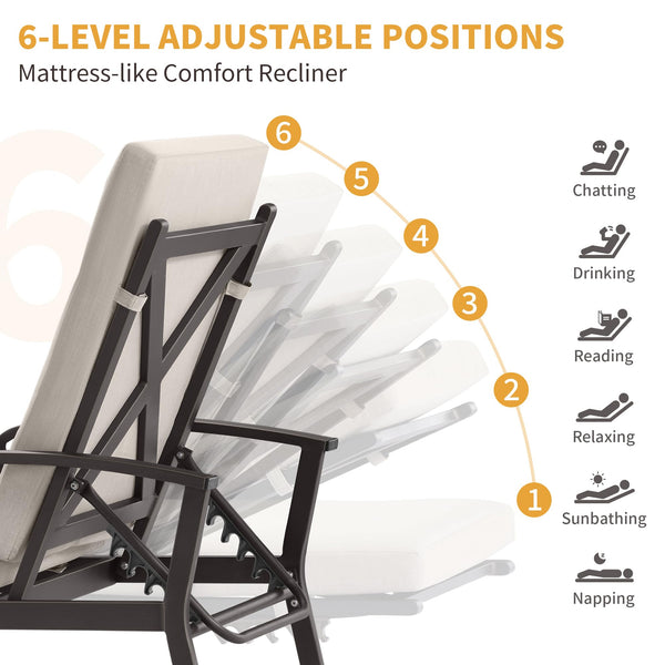 Outdoor Patio Chaise Lounge Chair with Adjustable Backrest & Removable Cushion