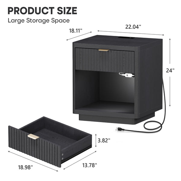 Nightstand Set of 2 with Charger Station and LED Sensor Light — Large Modern Fluted Night Stand