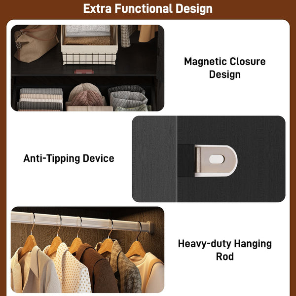 2-Door Arched Armoire Wardrobe with LED Light & Drawers