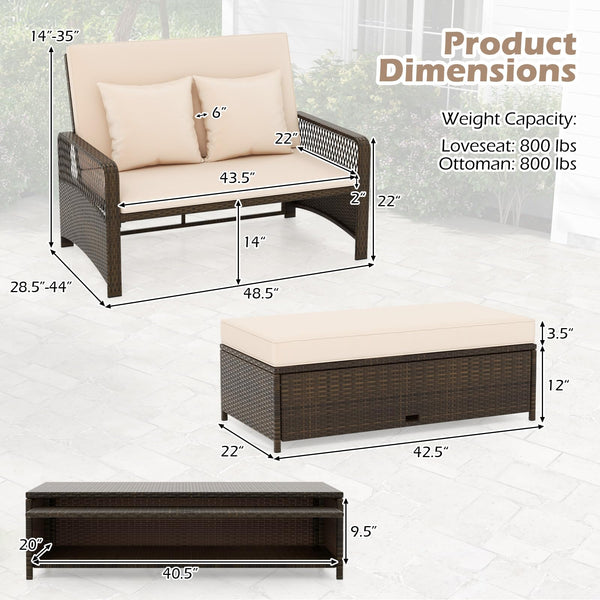 Patio Rattan Daybed Loveseat Set with Storage Ottoman & Cushions