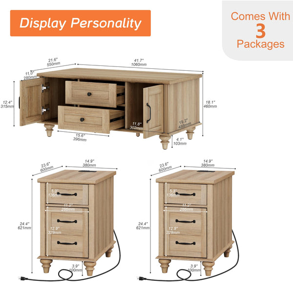3-Piece Farmhouse Living Room Table Set with Charging Station