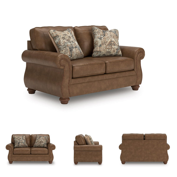 Rustic Faux Leather Loveseat with Nailhead Trim & Throw Pillows