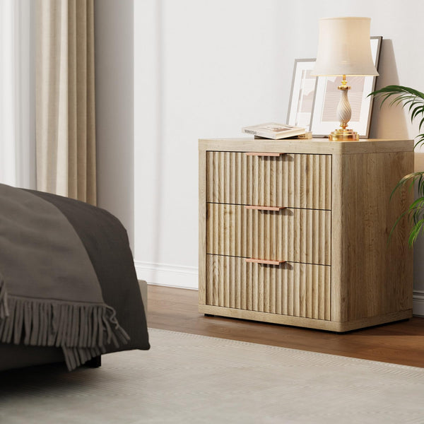 3-Drawer Nightstand with Fluted Design & Metal Handle
