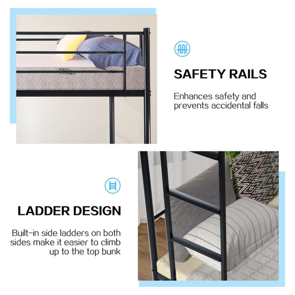 Twin Over Twin Metal Bunk Bed with Guardrails and Ladder