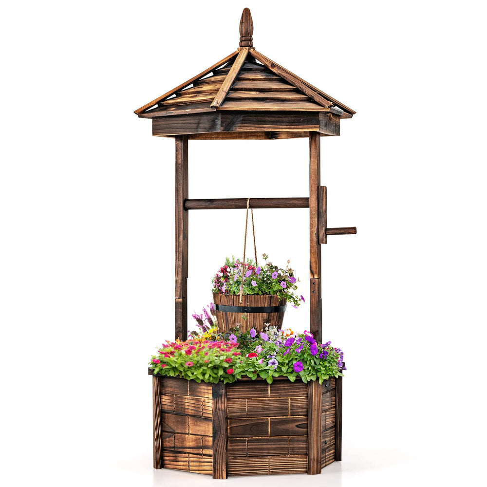 Wooden Wishing Well Planter with Hanging Bucket