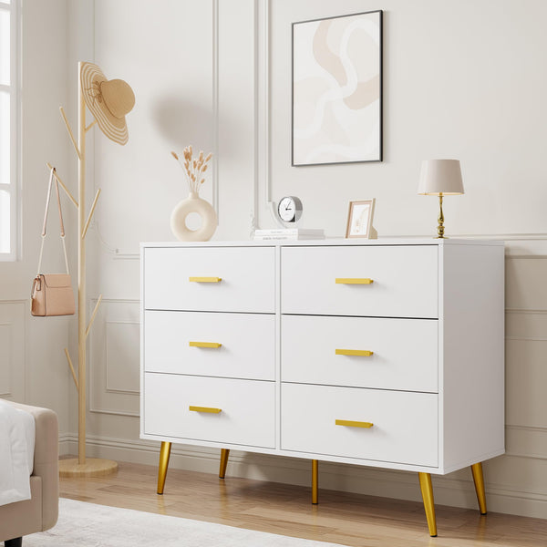 6-Drawer Dresser with Gold Handles | Modern Wooden Chest for Bedroom