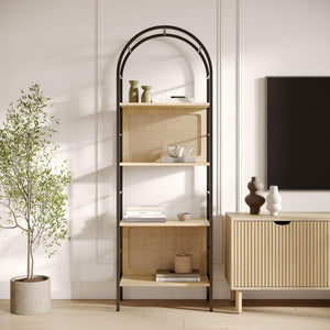 4-Tier Arched Bookshelf with Rattan Backing