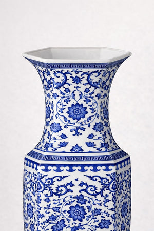 Large Hexagonal Blue and White Porcelain Lotus Vase