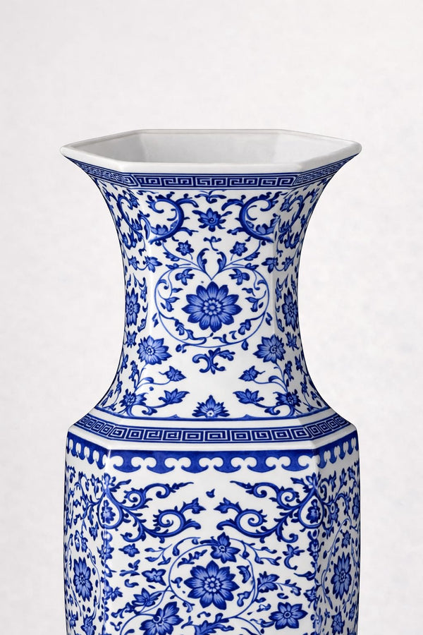 Large Hexagonal Blue and White Porcelain Lotus Vase
