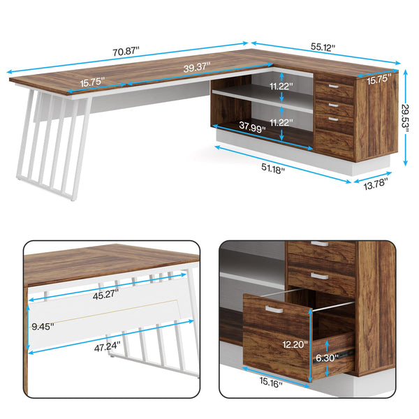 L-Shaped Executive Desk with File Cabinet & Storage