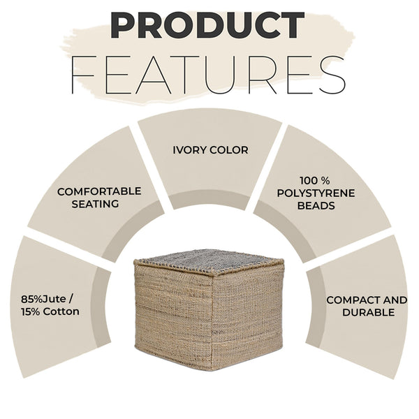Handmade Jute Cotton Pouf Ottoman 18x18x14