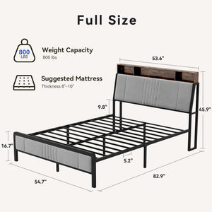 Upholstered Platform Bed Frame with LED Lights, Storage Headboard & Charging Station