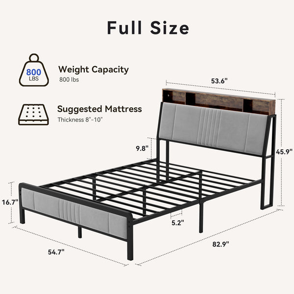 Upholstered Platform Bed Frame with LED Lights, Storage Headboard & Charging Station