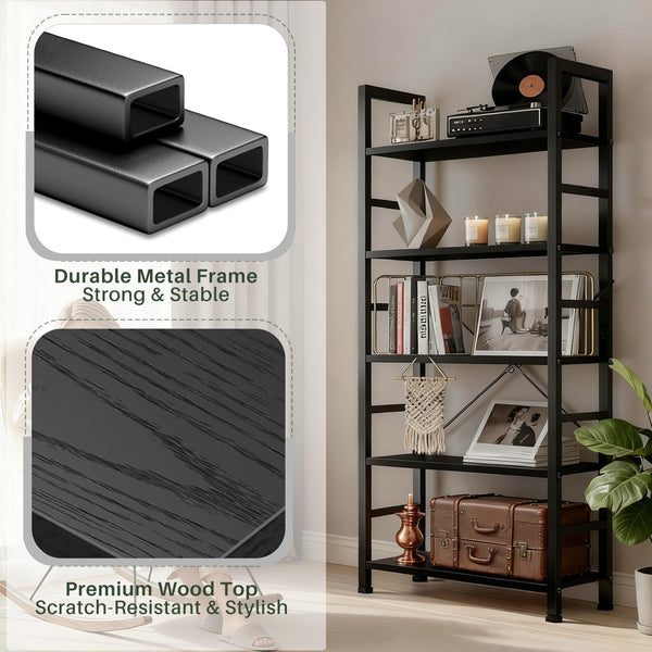 5-Tier Industrial Bookshelf with Metal Frame