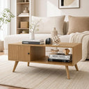 Manora Mid Century Modern Coffee Table with Storage Cabinet and Open Shelf, Wooden Living Room Table with Fluted Drawer and Solid Wood Legs, Walnut Finish Center Table for Small Spaces
