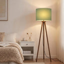 Rubberwood Tripod Floor Lamp — 60.6", 15.7" Linen Shade, Walnut Finish, E26