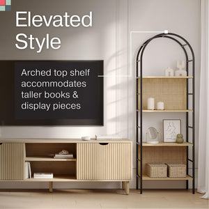 4-Tier Arched Bookshelf with Rattan Backing
