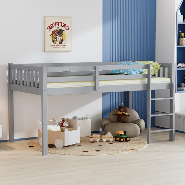 Twin Low Loft Bed Frame with Guardrail and Ladder